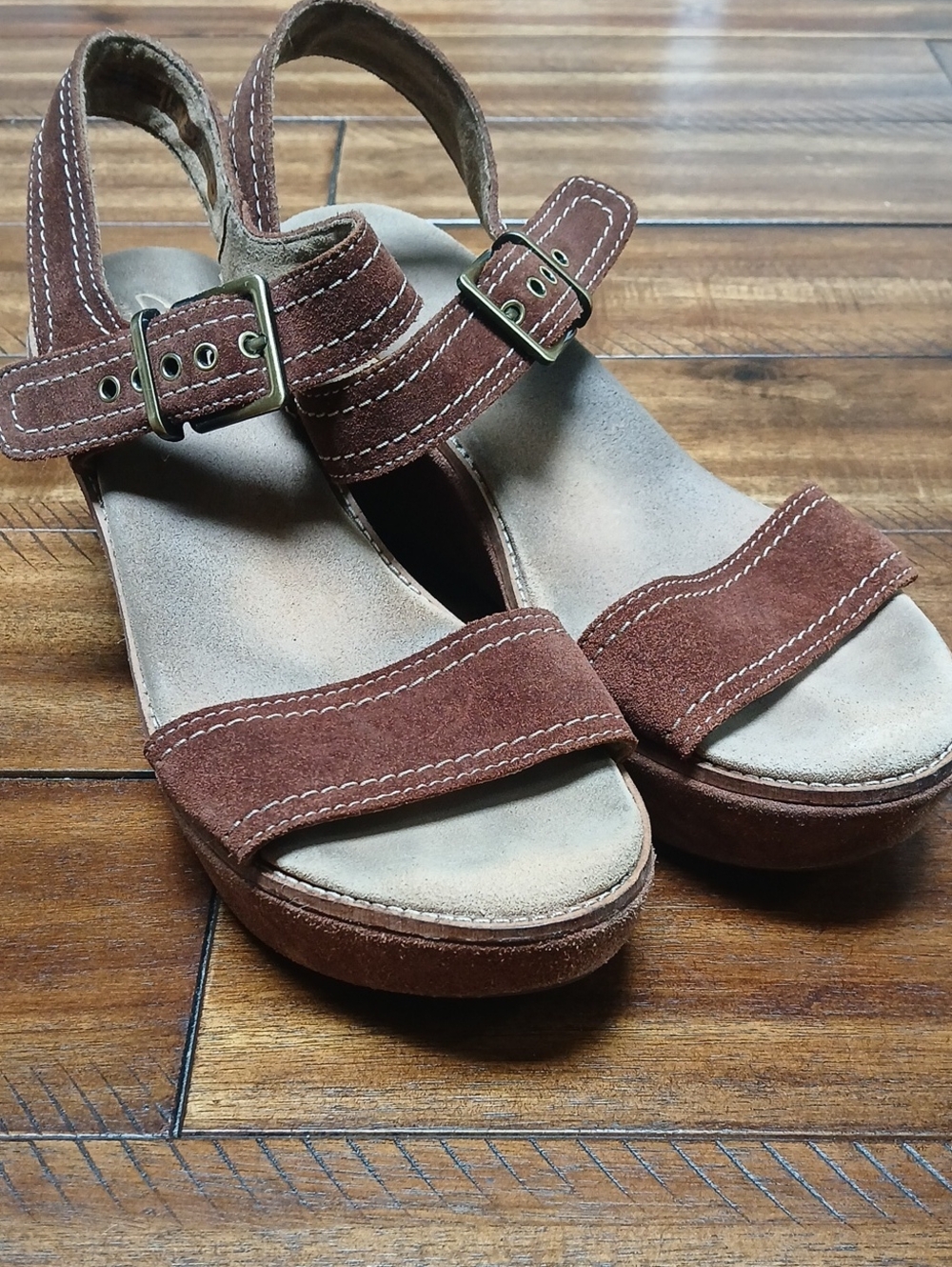 Clarks Brown Suede Wedge Sandals with Buckle